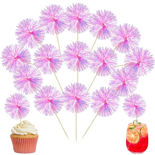 30Pcs Foil Firework Cupcake Toppers Party Birthday Cake Toppers Supplies Sparkle Tinsel Cocktail Fruit Toothpick for Birthday Wedding Graduation Party Rose Red (30 Count)