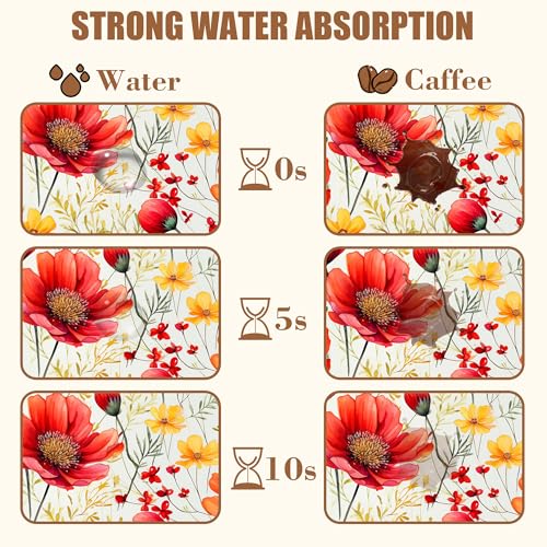 Red and Yellow Flowers Coffee Mat Absorbent Dish Drying Mat for Kitchen Counter Hide Stain Rubber Backed Coffee Bar Accessories Fit Under Espresso Machine
