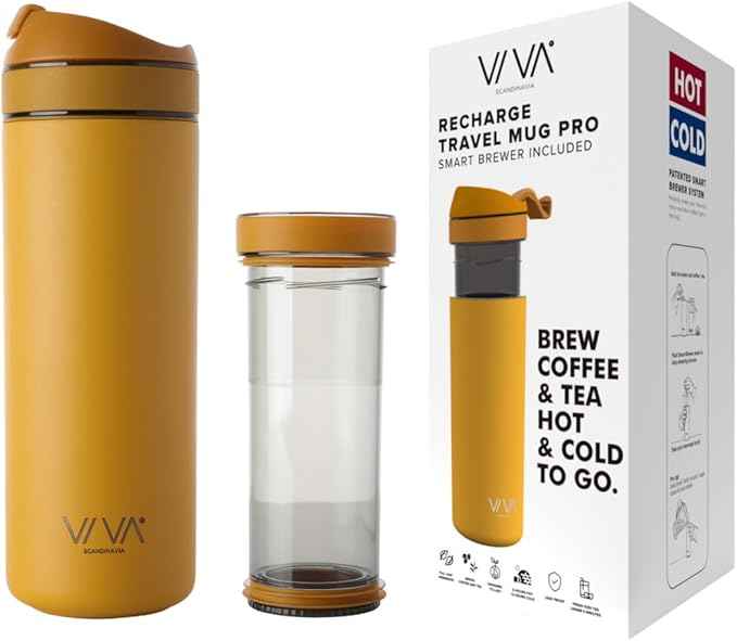 VIVA Recharge Mustard Insulated Tea & Coffee Mug & Travel French Press Coffee Maker, 16 oz, Brew & Drink From the Same Coffee Mug On the Go or Camping