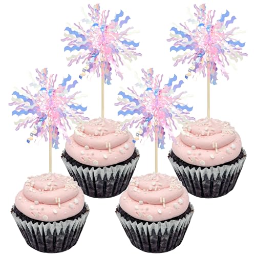 30Pcs Foil Firework Cupcake Toppers Sparkle Tinsel Cake Toppers Tinsel Drink Cake Decoration Cocktail Picks for Birthday Wedding Graduation Party Supplies Pink (30 Count)