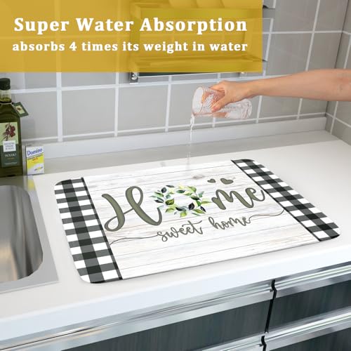 Home Sweet Home Dish Drying Mat 18x24 Inch Spring Summer Green Leaf Wreath Dish Drainer Mats Rustic Wood Board Microfiber Dish Drying Rack Pad for Kitchen Countertop Farmhouse Decor