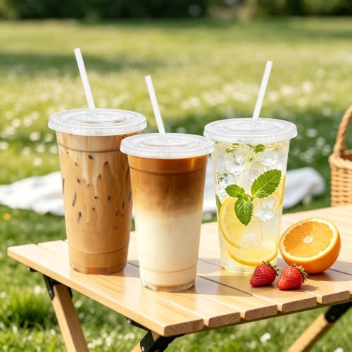 100 Pack 24 oz Clear Plastic Cups with Lids and Straws Disposable (100 Count)