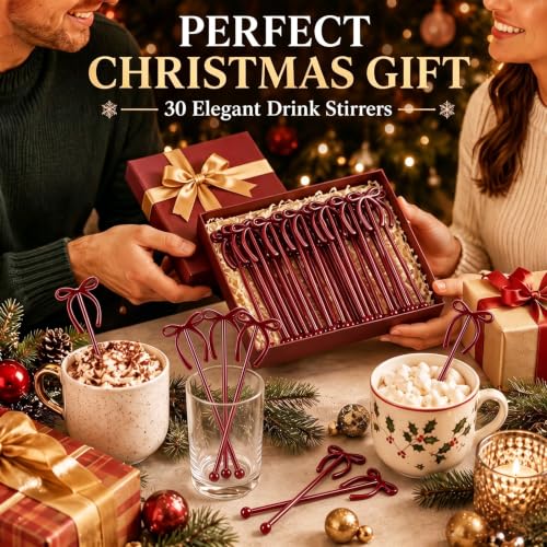 30 Pcs Christmas Drink Stirrers Burgundy Bow Stir Sticks (30 Count)
