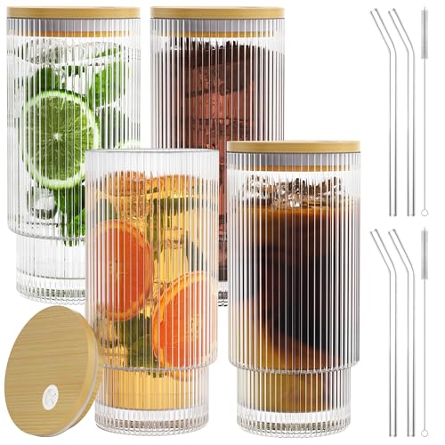 16OZ Ribbed Glass Cups with Lids and Straws
