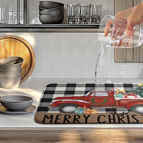 Merry Christmas Truck Dish Drying Mat Winter Large Kitchen Mats Dish Drying Pad Xmas Tree Absorbent Dish Dryer Mat for Kitchen Countertops Microfiber Drainer Pad Dish Drying Mats
