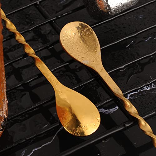 Gold 10 Inch Stainless Steel Cocktail Spoon with Leaf Handle