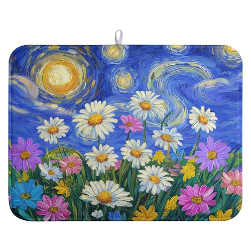 Spring Summer Daisy Floral Dish Drying Mats Spring Flowers Dish Mat Drying Matt Starry Sky Dishes Dryer Pad for Kitchen Counter Absorbent Microfiber Washable Foldable Reusable 18x24 in