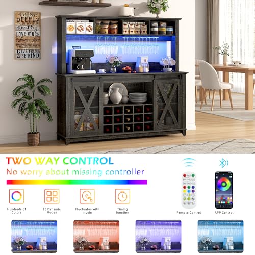 63"Wide 58"H Farmhouse Coffee Bar Cabinet with Power Outlet and LED Light