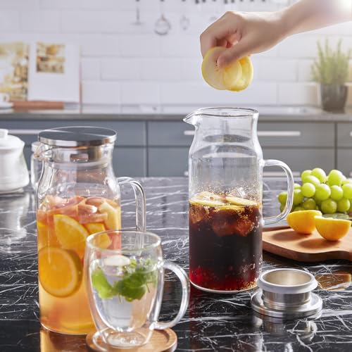 2 Pack 1.2 Liter 40 oz Small Glass Pitcher with Lid and Handle (2 Count)
