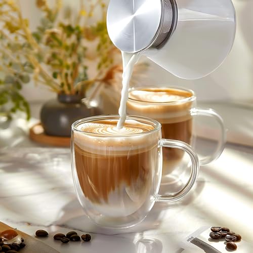 8 Ounces Set of 4 Double Walled Glass Coffee Mugs with with Handle Insulated Layer Coffee Cups Borosilicate Glass Espresso Double Insulated Clear Glass Coffee Mug for Hot Beverages (4 Count)