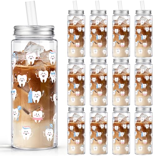 12 Pcs 14.2oz Teeth Tumbler with Lid and Straw Tooth Gift Plastic Reusable Tumbler Teeth Party Favors for Dental Assistants Gift Drinking Cup for Women Men Doctors Nurses Coworkers Employees (12 Count)