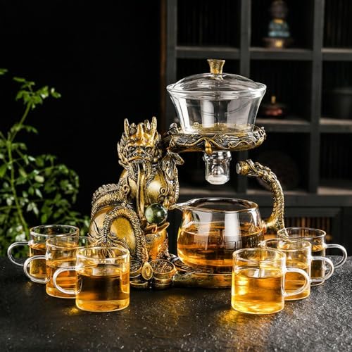 Glass Teapot Set with Infuser Semi Automatic Dragon Tea Set with 6 Small Cups