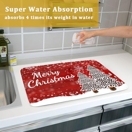 Merry Christmas Tree Red Dish Drying Mat for Kitchen Counter