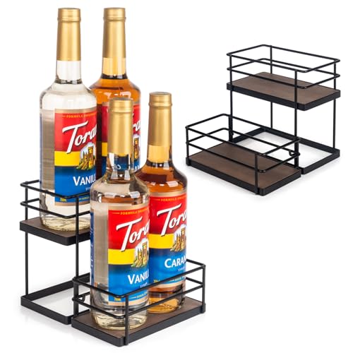 4 Bottle Capacity Coffee Syrup Organizer 2 Tier Coffee Syrup Stand Shelf for Coffee Bar Kitchen Small Wine Rack for Bar Family Storage for Syrup Wine Dressing (13.6 inch(es))