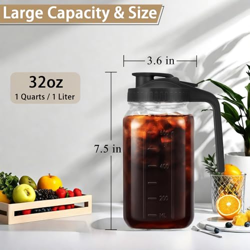 32oz (1 quart) Glass Pitcher with Lid, Mason Jar Pitcher, Glass Container