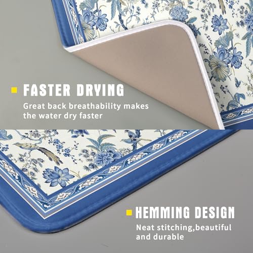 Chinoiserie Dish Drying Mat 16x18in Blue White Oriental Floral Birds Kitchen Drainer Mats Porcelain Flowers Reversible Microfiber Dish Drying Pad Small for Countertop Home Decor