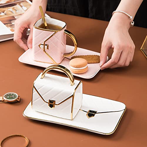 Ceramic Purse Coffee Mugs Set Tea Cup Unique Bag shaped mug and Saucer Set with Spoon and Saucer For Women Mother's Day Christmas Gifts (10 Count)
