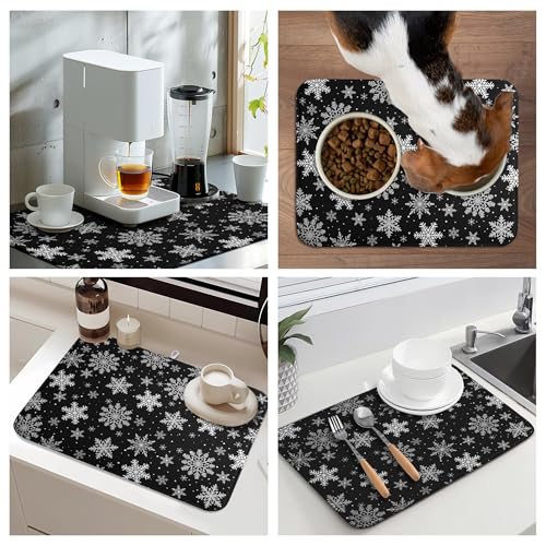 Winter Snowflake Black Dish Drying Mat Christma Snowflakes Large Kitchen Mats Dish Drying Pad Absorbent Dish Dryer Mat for Kitchen Countertops Microfiber Drainer Pad Dish Drying Mats