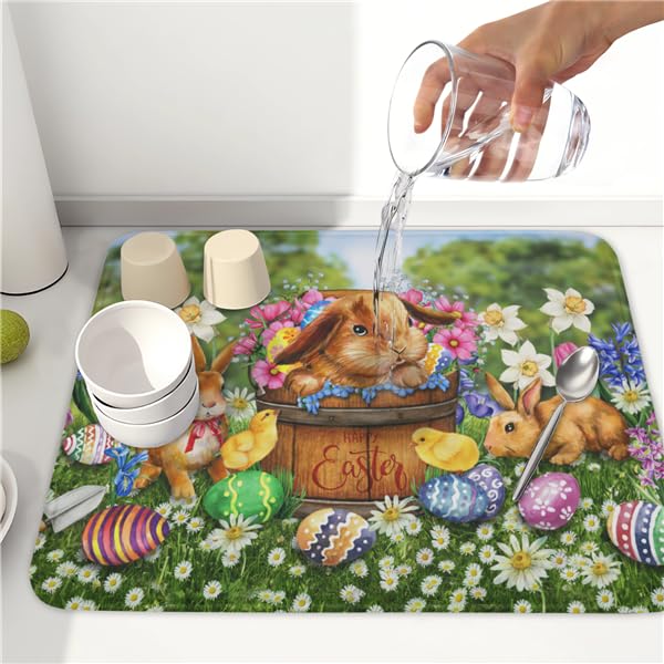 Easter Bunnies Eggs Dish Drying Mat for Kitchen Counter