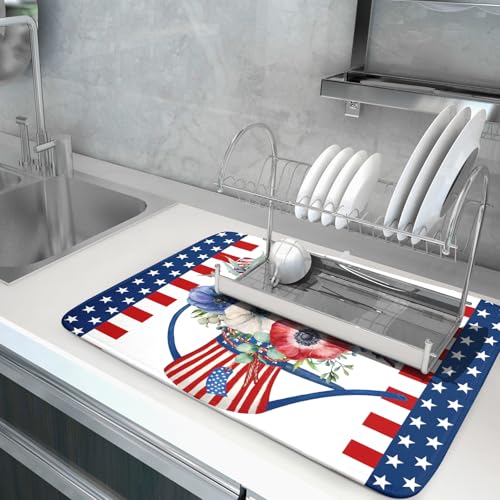 American Flag 4th of July Dish Drying Mats for Kitchen Counter Patriotic Flowers Dry Dishes Pads 16x18 Inch Microfiber Absorbent Independence Day Drainer Pad Tableware Mats Protector for Countertops