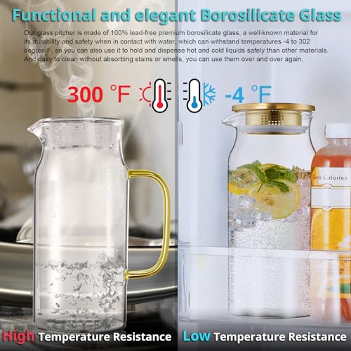 2 Liter 68 oz Gold Glass Pitcher with Lid and Handle