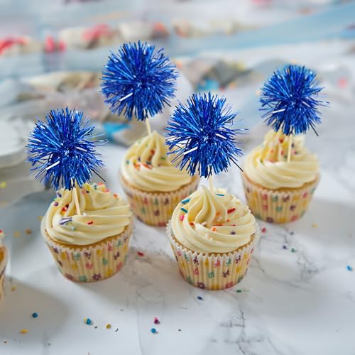 30Pcs Foil Firework Cupcake Toppers Sparkle Tinsel Cake Toppers Tinsel Drink Cake Decoration Cocktail Picks for Birthday Wedding Graduation Party Supplies Dark Blue (30 Count)