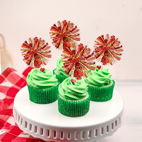 30Pcs Foil Firework Cupcake Toppers Sparkle Tinsel Drink Birthday Cake Decorations Cocktail Food Fruit Toothpick for New Years Wedding Birthday Party Decorations Gold Red (30 Count)