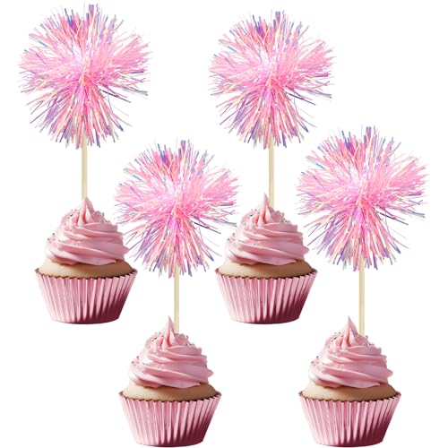 30Pcs Foil Firework Cupcake Toppers Sparkle Tinsel Cake Toppers Tinsel Drink Cake Decoration Cocktail Picks for Birthday Wedding Graduation Party Supplies Dark Pink (30 Count)