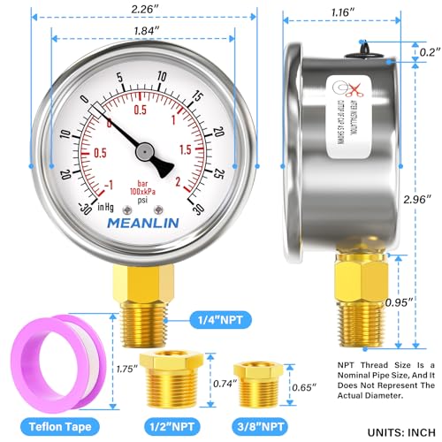 30inHG~30Psi Vacuum Gauge Stainless Steel 1