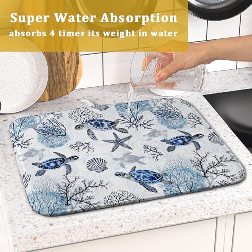 16"x18" Coastal Sea Turtles Dish Drying Mat Nautical Ocean Tortoise Coral Starfish Dish Drainer Mats for Kitchen Microfiber Reversible Dish Drying Rack Pad for Countertop Tabletop Decor