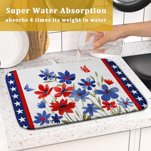 4th of July Flower Dish Drying Mat 16"x18" Independence Day Stars Dish Drainer Mats Watercolor Patriotic Floral Microfiber Dish Drying Rack Pad for Kitchen Countertop Decor