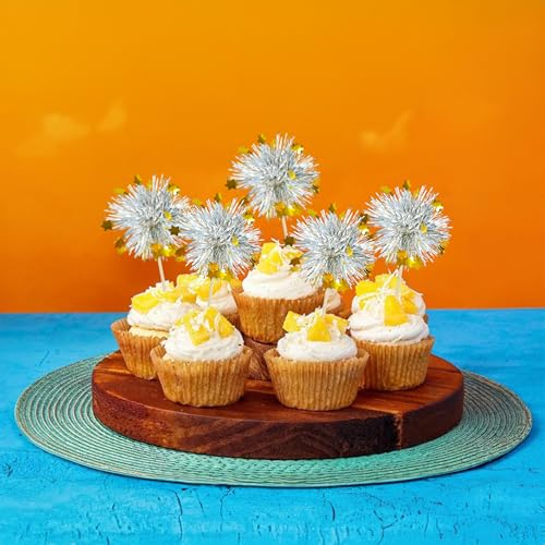 30Pcs Foil Firework Cupcake Toppers Sparkle Tinsel Cupcake Picks Happy Birthday Cake Decorations Drink Stirrers Cocktail Food Fruit Toothpicks for Baby Shower Graduation Party Supplies Silver (30 Count)