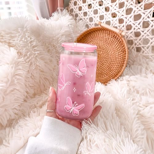 Butterfly 16 Oz Can Glass Tumbler with Acrylic Lid and Straw