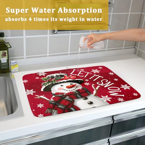 Merry Christmas Dish Drying Mat for Kitchen Counter 16x18 Inch Winter Snowman Dish Draining Mat Xmas Snowflakes Decorations Fast Absorbent Tableware Cardinal Birld Dishes Pad for Coffee Bar Countertop