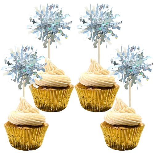 30Pcs Foil Firework Cupcake Toppers Sparkle Tinsel Cake Toppers Tinsel Drink Cake Decoration Cocktail Picks for Birthday Wedding Graduation Party Supplies Silver (30 Count)