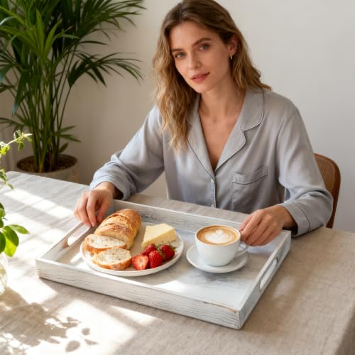 Rustic White Wood Serving Tray with Handles 17 Inch Wooden Tray for Ottoman