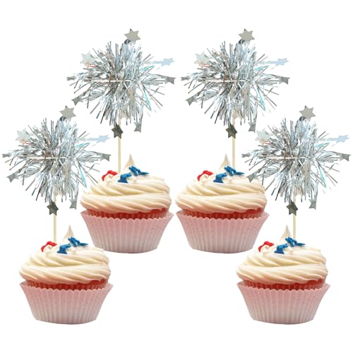 30Pcs Foil Firework Cupcake Toppers Sparkle Tinsel Star Cake Toppers Tinsel Drink Cake Decoration Cocktail Picks for Birthday Wedding Graduation Party Supplies Silver (30 Count)