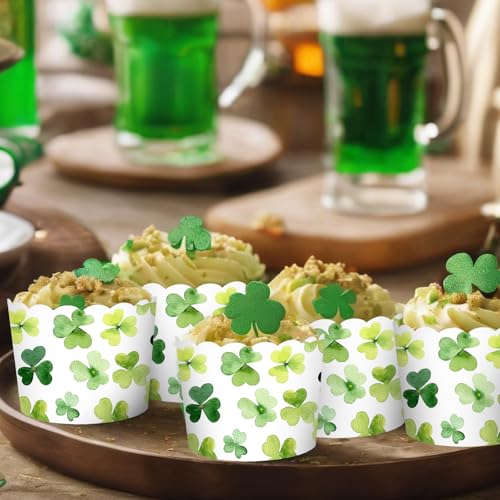 100Pcs St. Patrick's Day Paper Baking Cups Cupcake Wrappers Watercolor Green Shamrock Clover Scalloped Edge Cupcake Muffin Cases for Irish Dessert Decoration