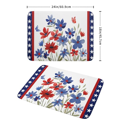 4th of July Flower Dish Drying Mat 18"x24" Independence Day Stars Dish Drainer Mats Watercolor Patriotic Floral Microfiber Dish Drying Rack Pad for Kitchen Countertop Large Decor