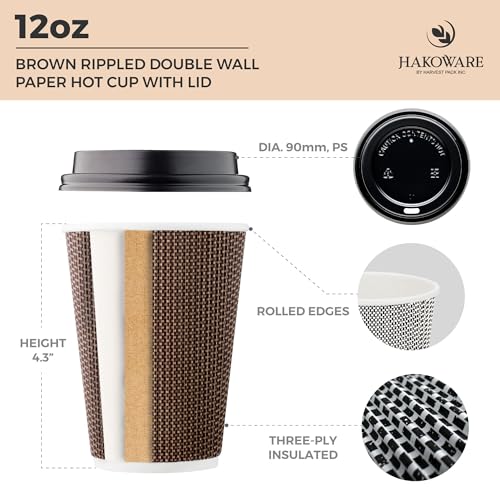 12 oz Disposable Paper Coffee Cups with Lids Insulated Double (100 Count)