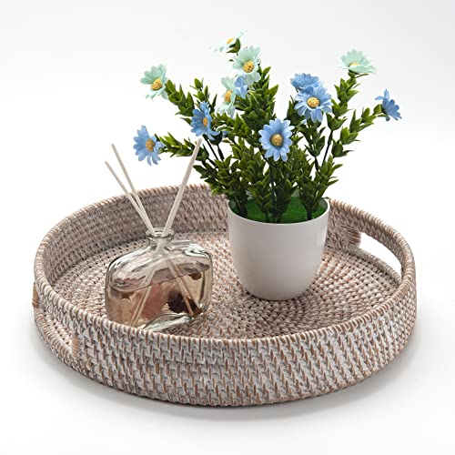Coffee Table Tray Round Rattan Ottoman Tray Woven Serving Trays with Handles for Home and Kitchen Decorative White