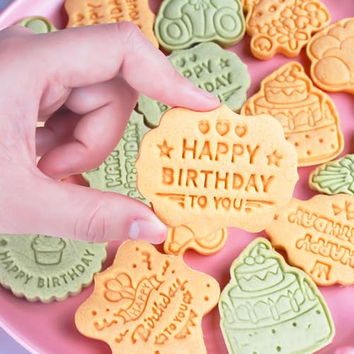 8PCS Happy Birthday Cookie Cutter Sets 3D Plastic Cookie Cutters with Plunger Stamps Pressable Biscuit Mold Cookie Molds Cake Baking Fondant Cutter Birthday Party DIY Cookie Decorating Supplies (8 Count)