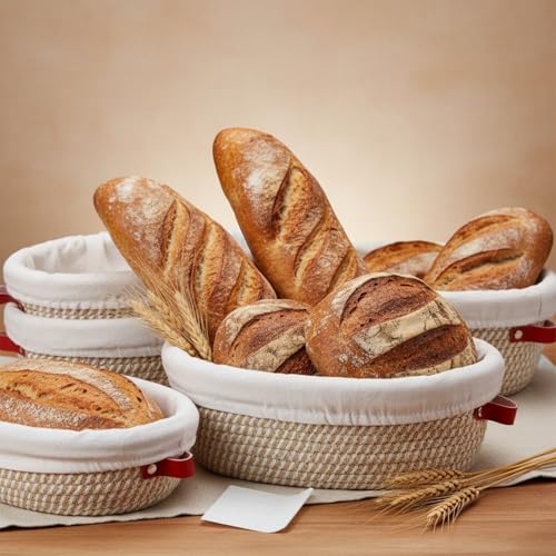 6 Set Cotton Rope Banneton Bread Proofing Basket with Cloth Liner and Plastic Scraper Banneton Dough Sourdough Proofing Bowls Kit for Home Sourdough Bakers (6 Count)