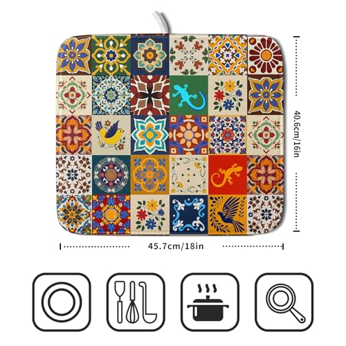 Mexican Tile Dish Drying Mat 16"x18" Talavera Boho Floral Print Dish Drainer Mats Rustic Ethnic Traditional Reversible Small Dish Drying Pad Protector for Kitchen Countertop Decor