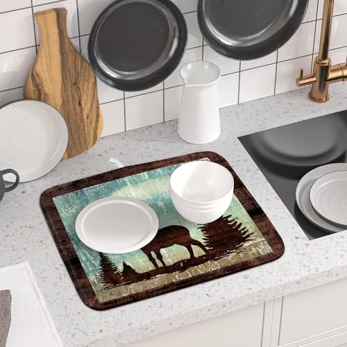 Retro Deer Forest Cabin Silhouette Dish Drying Mat Countertop 16x18 Fall Blue Sky Cloud Cartoon Elk Wild Animal Bushes Drainer Mat Pine Tree Grass Dishes Pad Rustic Dish Drainer Rack