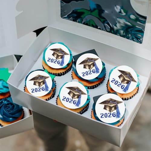 48Pcs Edible 2026 Graduation Cap Cupcake Toppers Wafer Paper Class of 2026 Grad Cap Cupcake Picks for 2026 Graduation Theme Party Cake Decorations Supplies Blue (48 Count)