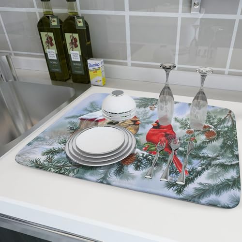 Winter Red Cardinal Bird Dish Drying Mat for Kitchen Counter