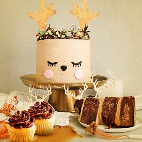 Deer Cupcake Toppers Wooden Baby Shower Woodland Antler Cake Picks Party Decorations Wedding Hunting Boho Rustic Country Birthday Party Supplies Set of 24 (24 Count)