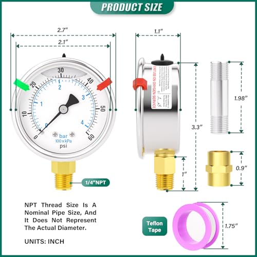 0 60PSI Heater Heavy Liquid Filled Pressure Gauge Kit