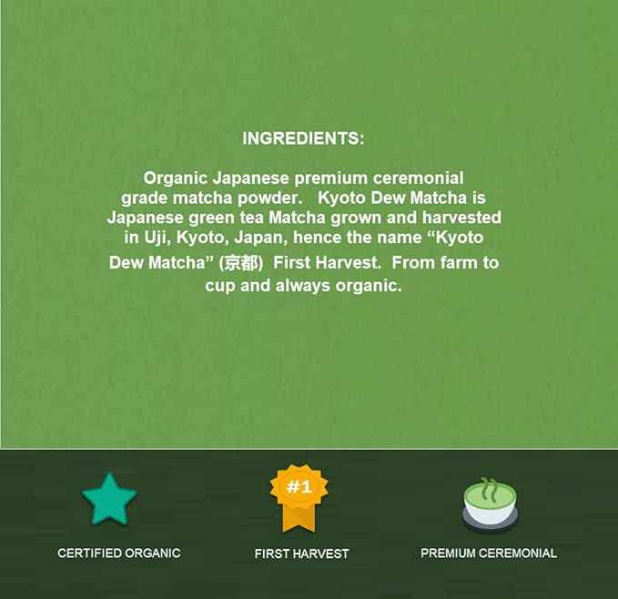 Kyoto Dew Matcha - Ceremonial Blend – Authentic Japanese First Harvest - USDA & JAS Organic Ceremonial Grade Matcha Green Tea Powder from Uji, Kyoto, Bag (7oz)